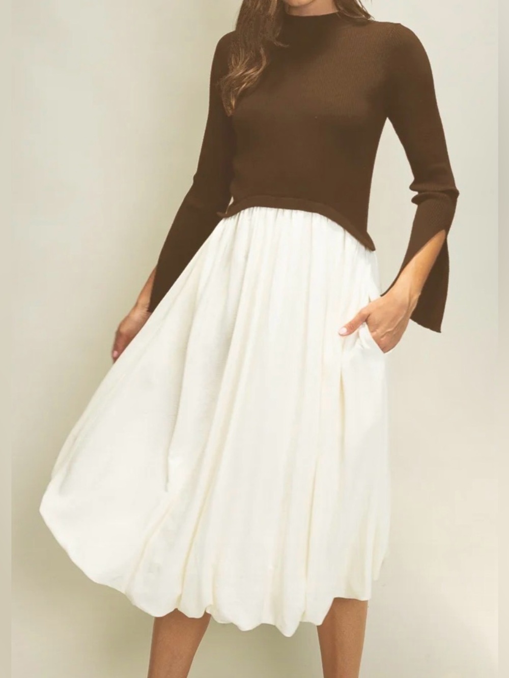 Heyson Midi Sweater Dress w/ Bubble Hem Skirt - Brown & Cream - NWT - Size L